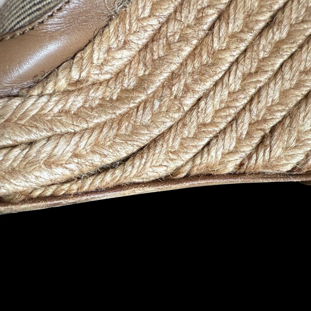 Burberry Brown Leather Novacheck Canvas Buckle Detail Peep Toe Espadrille Wedge - Picture 9 of 16